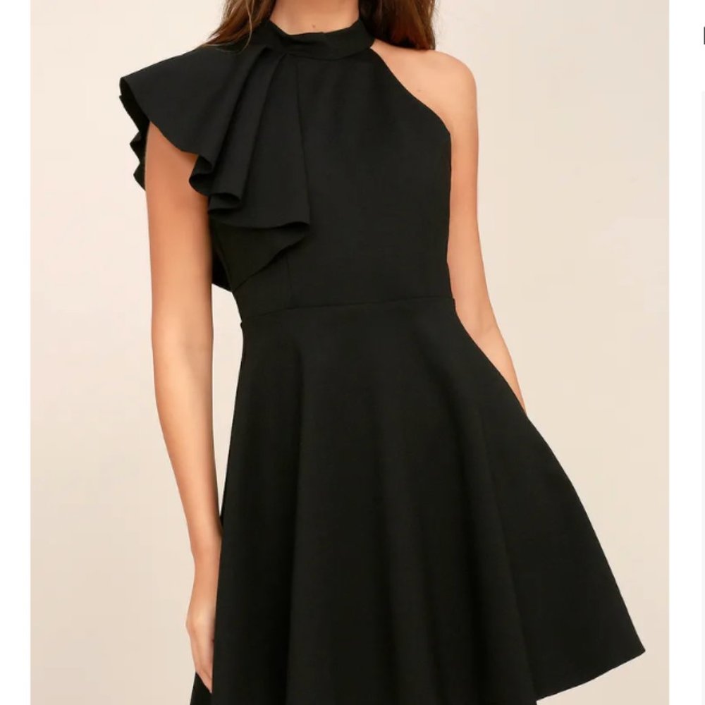 Lulu's Chic Goals Black One-Shoulder Skater Dress (Large)